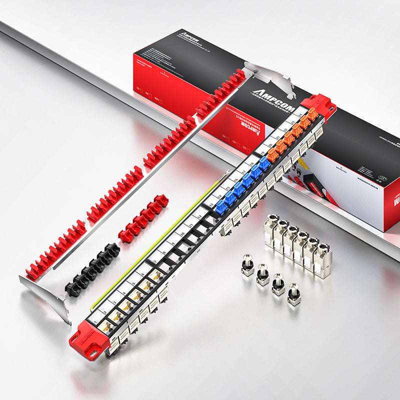 AMPCOM Unibody Cat5e/6/6a/7/8 Series 24 Ports Patch Panel, Front disassembly panel design, 19 inch RJ45 Ethernet 568A 568B, gold-plated pins, with Rear Cable Support Bar