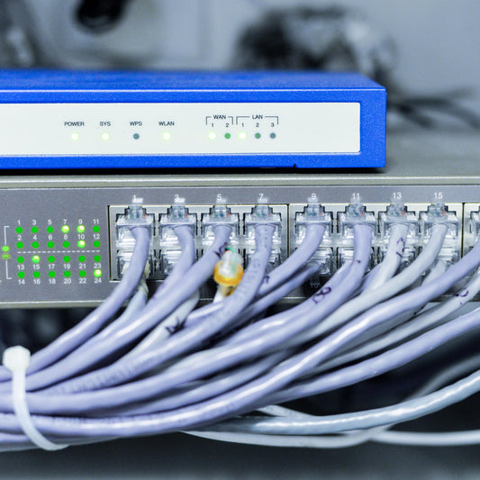 Ethernet switch with multiple Cat6 patch cords connected, showing active PoE ports and power indicators.