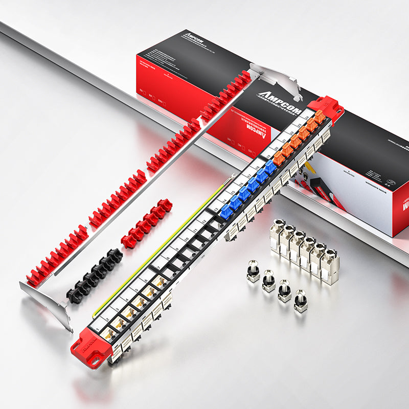 AMPCOM Unibody Cat5e/6/6a/7/8 Series 24 Ports Patch Panel, Front disassembly panel design, 19 inch RJ45 Ethernet 568A 568B, gold-plated pins, with Rear Cable Support Bar