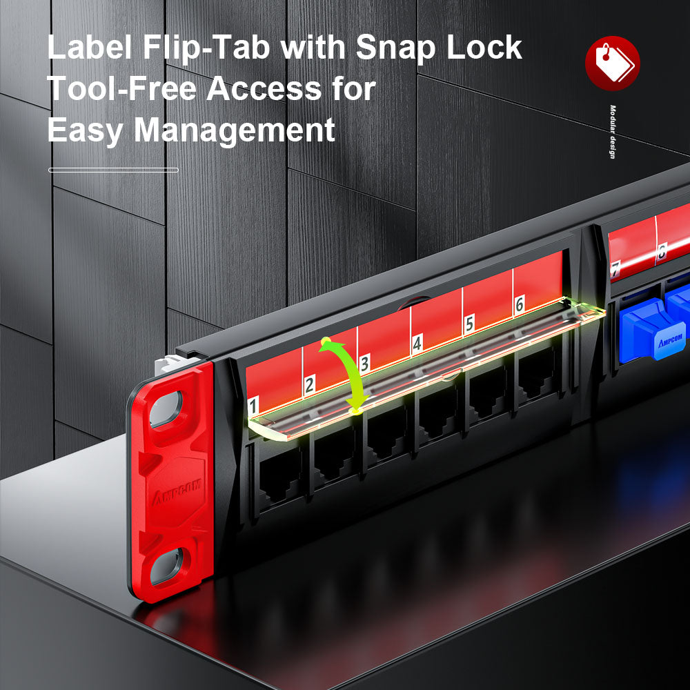 AMPCOM Unibody Cat5e/6/6a/7/8 Series 24 Ports Patch Panel, Front disassembly panel design, 19 inch RJ45 Ethernet 568A 568B, gold-plated pins, with Rear Cable Support Bar