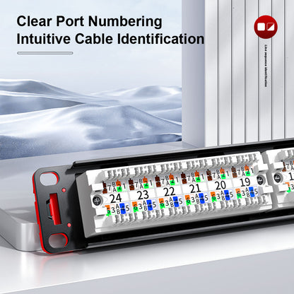 AMPCOM Unibody Cat5e/6/6a/7/8 Series 24 Ports Patch Panel, Front disassembly panel design, 19 inch RJ45 Ethernet 568A 568B, gold-plated pins, with Rear Cable Support Bar