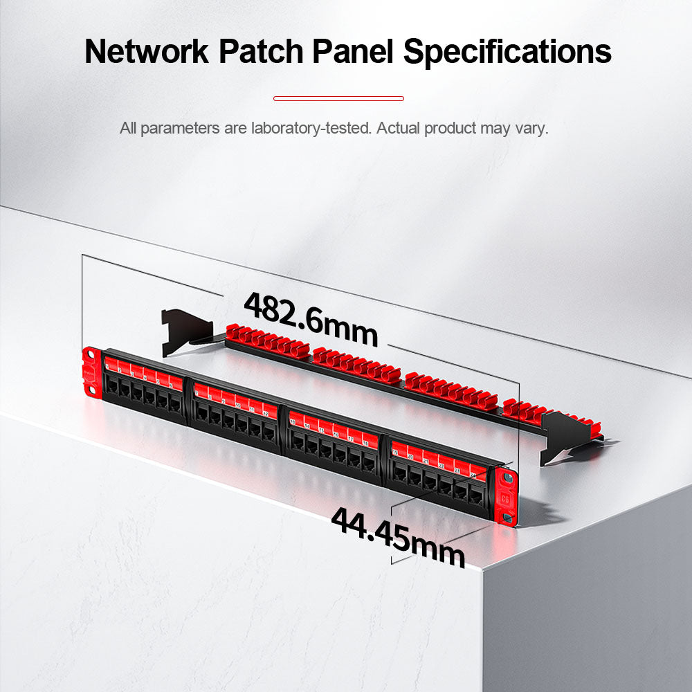 AMPCOM Unibody Cat5e/6/6a/7/8 Series 24 Ports Patch Panel, Front disassembly panel design, 19 inch RJ45 Ethernet 568A 568B, gold-plated pins, with Rear Cable Support Bar